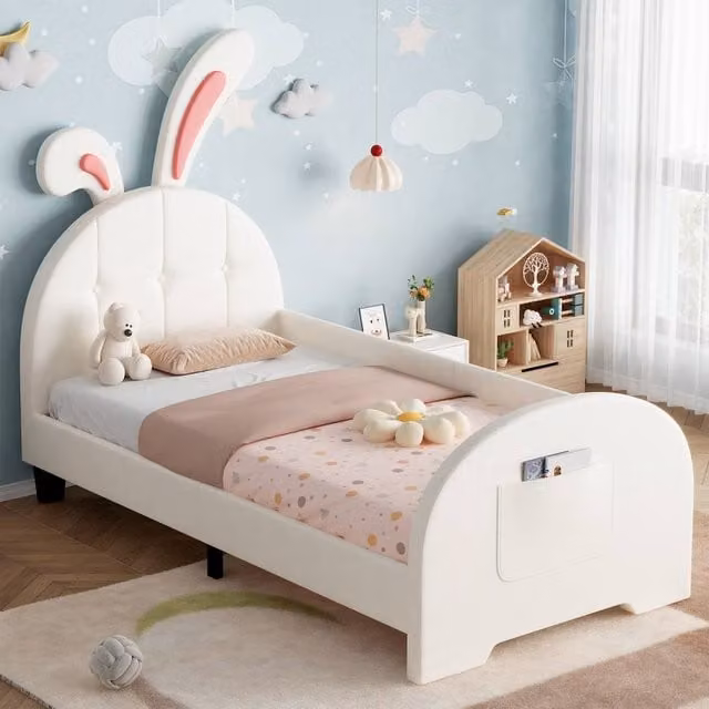 ModernLuxe Kids Upholstered Single Bed with Rabbit Design in White, W/D/H: 90 x 190 cm – 1