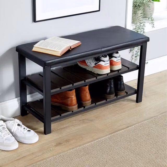 Home Source Spalding Black PU Upholstered Metal and MDF Shoe Bench