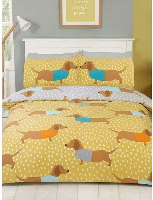 Rapport Dolly Dachshund Reversible Duvet Cover and Pillowcase Set, Yellow, W: 90 cm, H: 200 cm