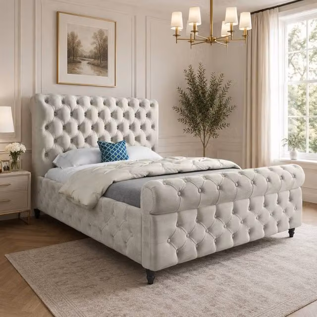 Casani Steeton Sleigh Upholstered Designer Bed Frame in Beige Velvet, Size: Double (140 x 200 cm) – 1