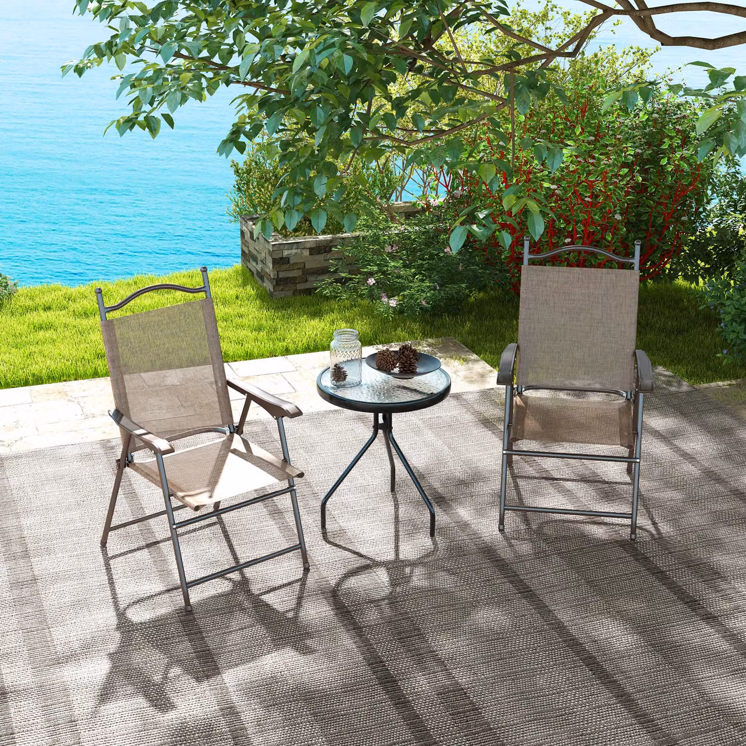 Outsunny Set of Two Modern Folding Garden Chairs with Textilene Fabric Mesh Seats and Armrests in Brown – 2