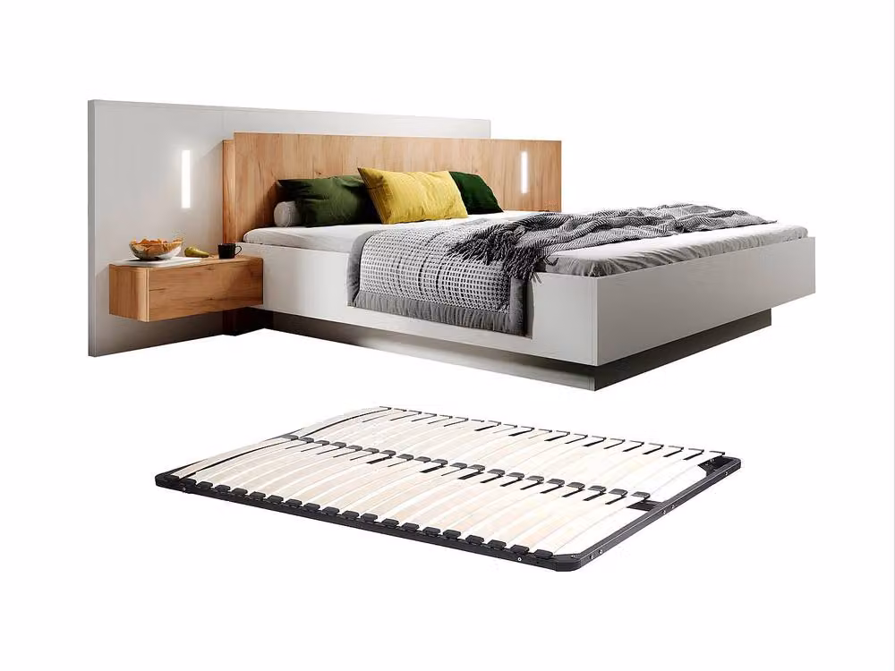 Vente-Unique Double Bed with Bedside Tables and LED Under-Bed Lighting in Light Oak and White, W/D/H: 160 x 200 cm – 2