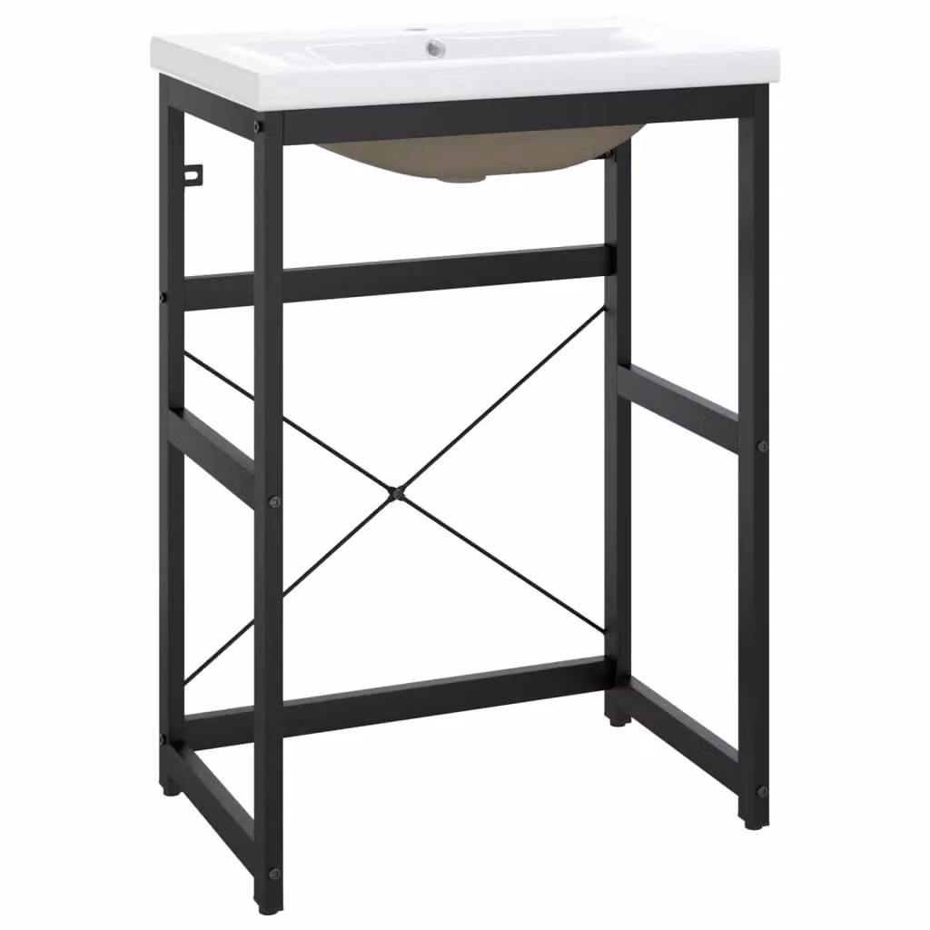 Berkfield Home Modern Bathroom Washbasin Frame with Built-in Ceramic Basin in Matt Black Metal – 2