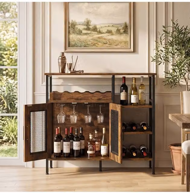 Living and Home Vintage Industrial Wine Bar Cabinet with Detachable Wine Rack in Brown and Black – 1