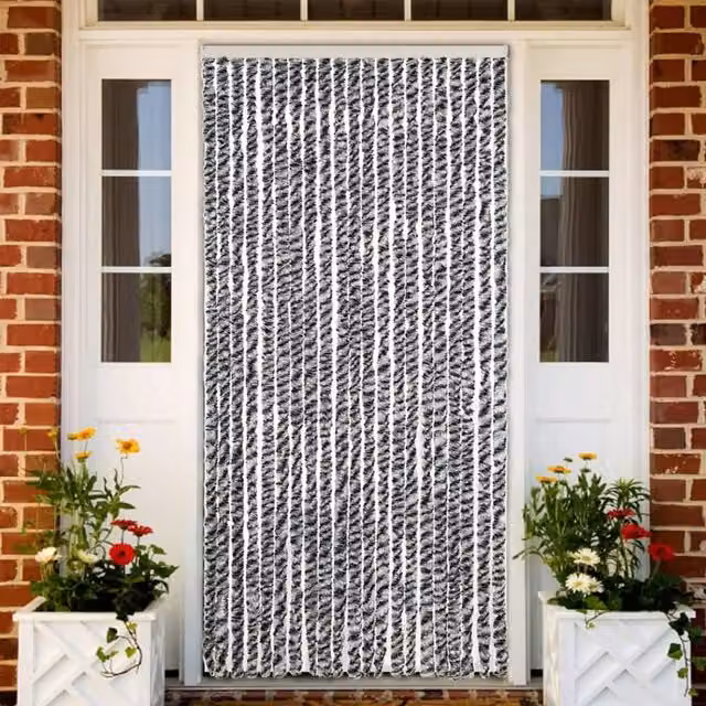 Berkfield Home Striped Chenille Fly Curtain in Grey, Black and White, W/H: 90 x 200 cm