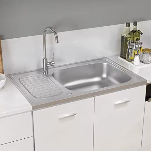 vidaXL Kitchen Sink with Drainer Set in Silver Stainless Steel, W: 80 cm, D: 50 cm, H: 15.5 cm – 2