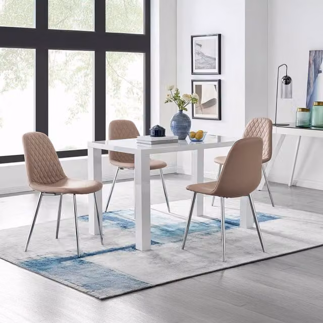 FurnitureboxUK Pivero White High Gloss Rectangular Dining Table and 4 Corona Silver Chairs in Cappuccino