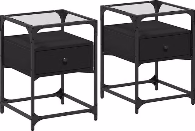 Berkfield Home Set of 2 Black Bedside Cabinets with Mirror Top, W/D/H: 40 x 40 x 55 cm