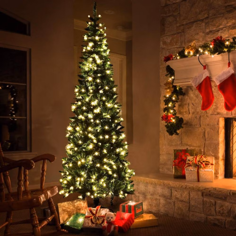 Shatchi Pre-Lit Artificial Slim Green Pencil Christmas Tree with Warm White LEDs and Metal Stand, Height: 213.36 cm – 5
