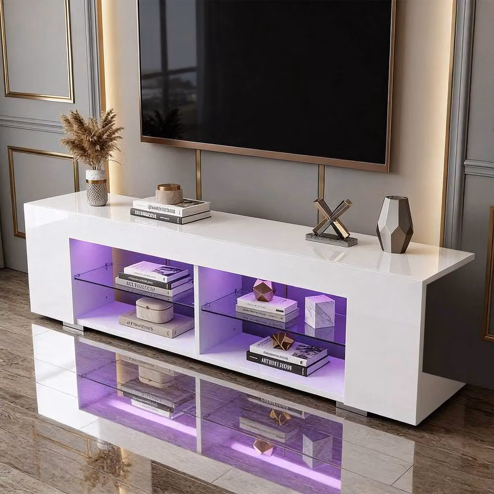 KORVIXA White High Gloss Modern TV Stand Storage Cabinet Cupboard Unit, H: 135 cm, W: 100 cm, D: 100 cm – 3