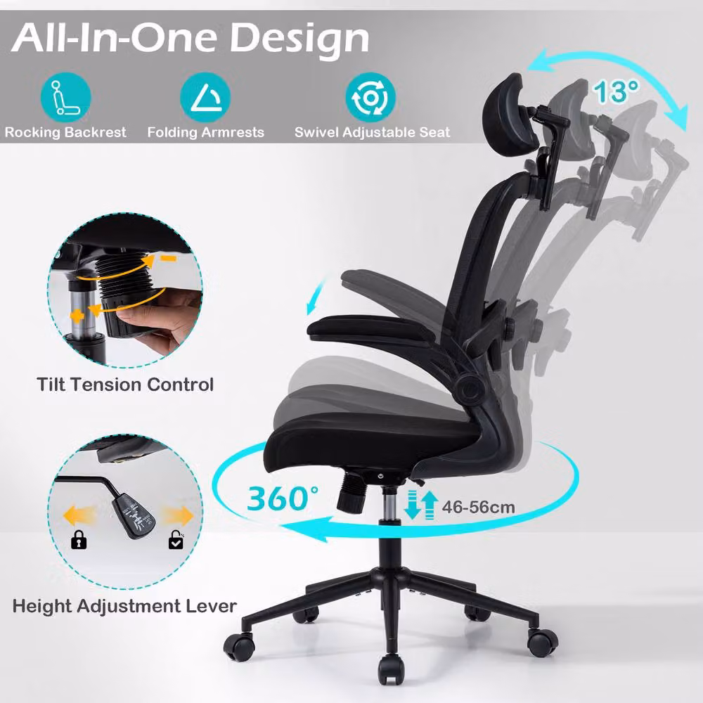 Costway Ergonomic Swivel Office Chair with Headrest and Armrests in Black Fabric – 9