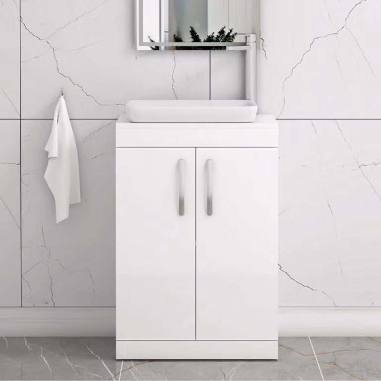 Qubix Turin 500mm Floor Standing 2 Door Gloss White Bathroom Vanity Unit with Countertop Basin