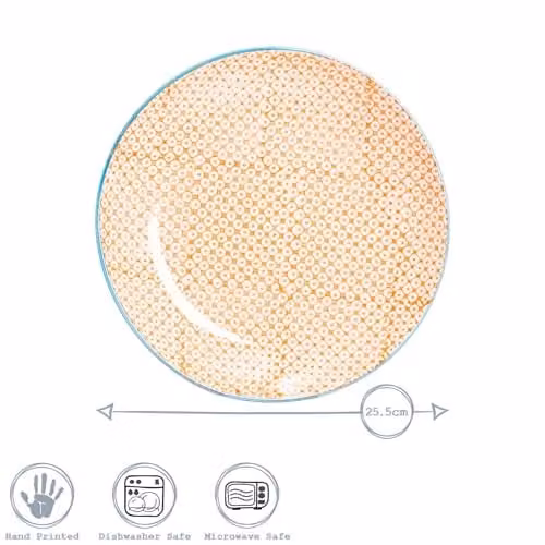 Nicola Spring Hand-Printed Floral Porcelain Dinner Plates, Pack of 6, Blue or Orange, Diameter: 25.5 cm