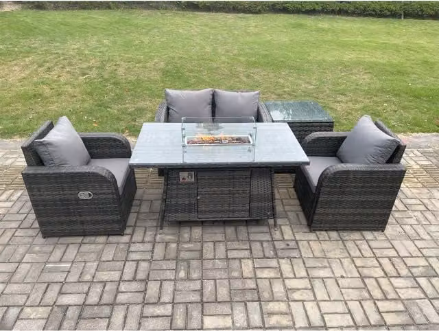 Fimous 5-Piece Dark Grey Rattan Outdoor Garden Set with Gas Fire Pit Table