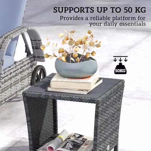 Outsunny 2-Tier Grey PE Rattan Side Table with Storage Shelf – 6