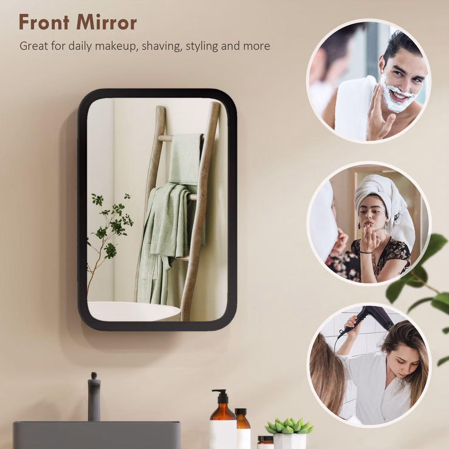 HOMCOM Modern Black Wall-Mounted Bathroom Mirror Cabinet with 3 Internal Shelves and Glass Doors – 4