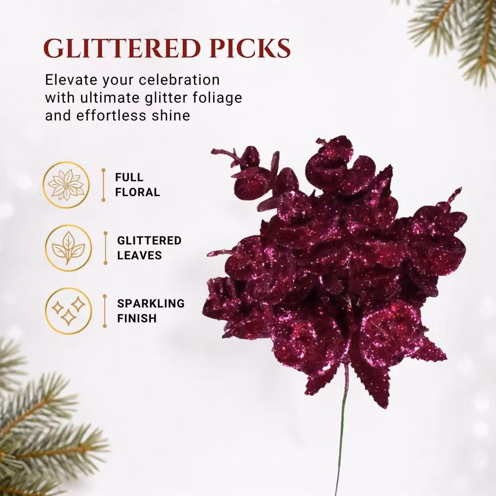 Shatchi Purple Glitter Eucalyptus and Maple Leaf Pick, 6 Pack, Height: 17 cm – 4