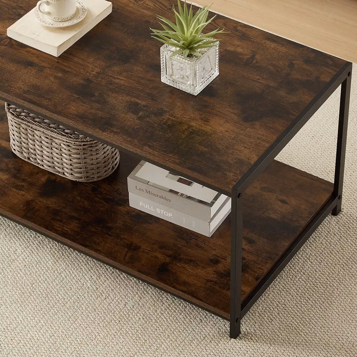 House of Home Rustic Brown Wood and Metal 2-Tier Coffee Table with Storage Shelf – 10