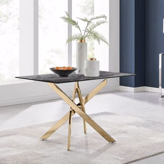 FurnitureboxUK Leonardo 4 Seat Rectangular Dining Table with Grey Marble Effect Glass Top and Gold X-Frame Legs, W: 120 cm