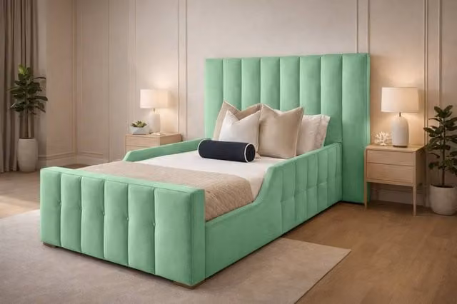 Paradise Beds Ltd Single Kids Bed Frame with Headboard, Green Velvet Upholstered Wood, W/D/H: 90 x 200 cm