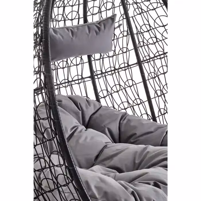 Orsina Black Polyrattan Double Hanging Egg Chair with Grey Cushions and Metal Stand – 5