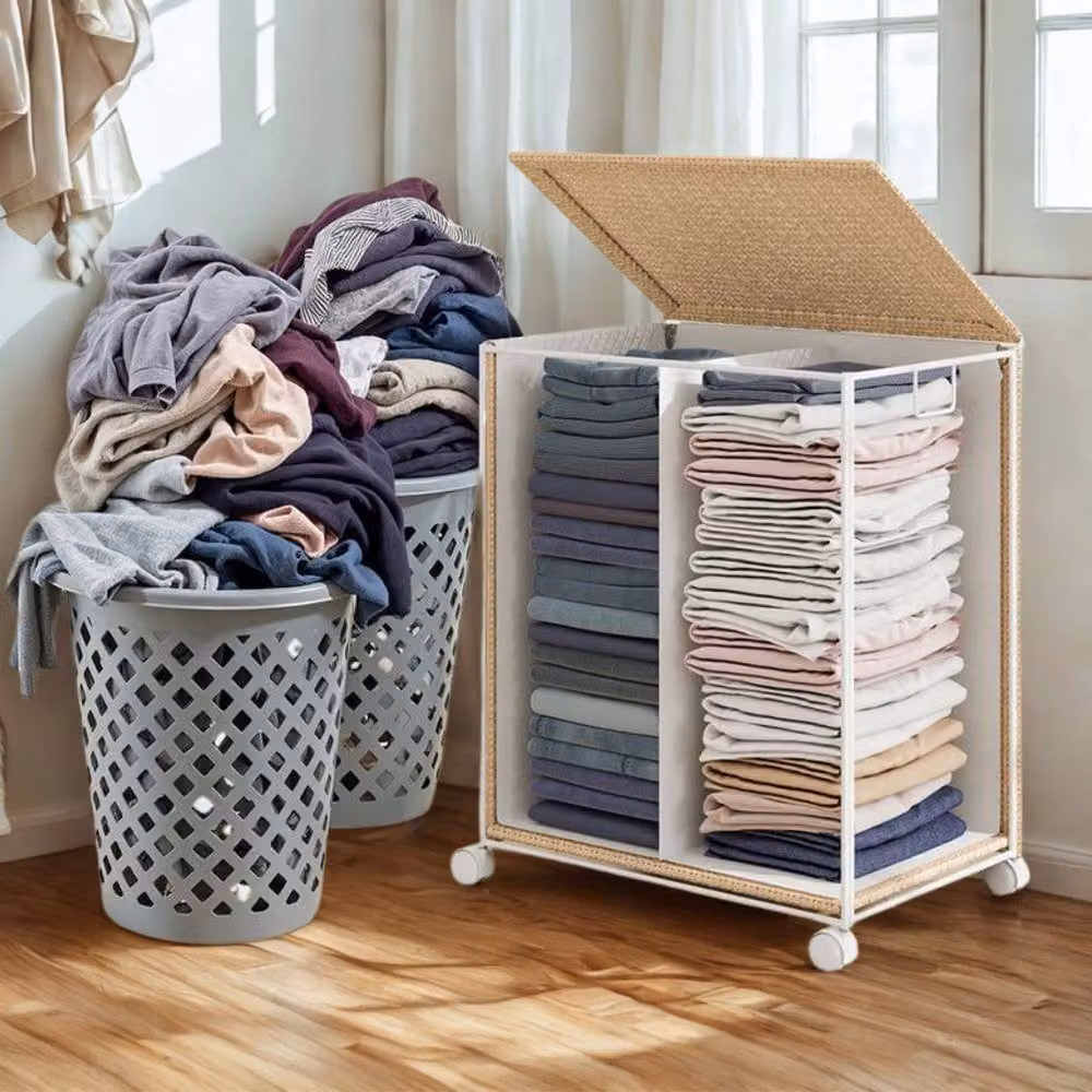 Pirlo Plush 100L Double Laundry Basket with Lid and Removable Lining in Beige – 3