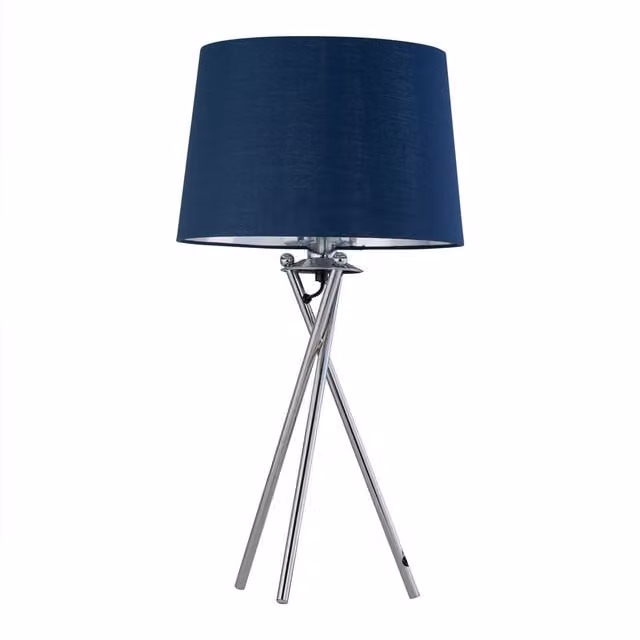 First Choice Lighting Tripod Chrome Lamp with Navy Blue and Silver Fabric Shade