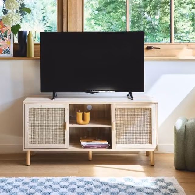 Sweekeet Scandinavian Style TV Unit with 2 Cane Doors in Light Brown, W: 120 cm, H: 57 cm, D: 39 cm – 1
