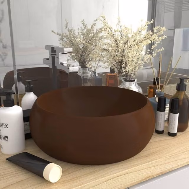 Berkfield Home Luxury Round Ceramic Wash Basin in Matt Dark Brown, W: 40 cm, D: 15 cm, H: 15 cm – 1