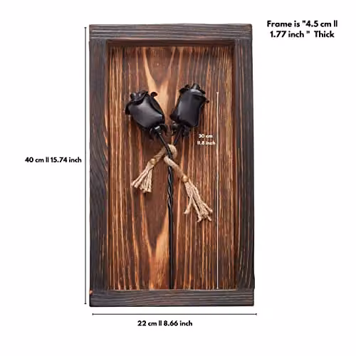 Novecrafto Black Forged Iron Roses in a Brown Burnt Wood Frame, Rectangular Wall Decor – 3