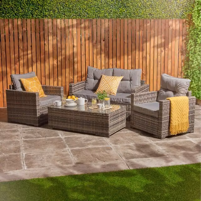 Home Treats 4 Seater Grey Garden Furniture Set with Upholstered Rattan and Powder Coated Aluminium Frame