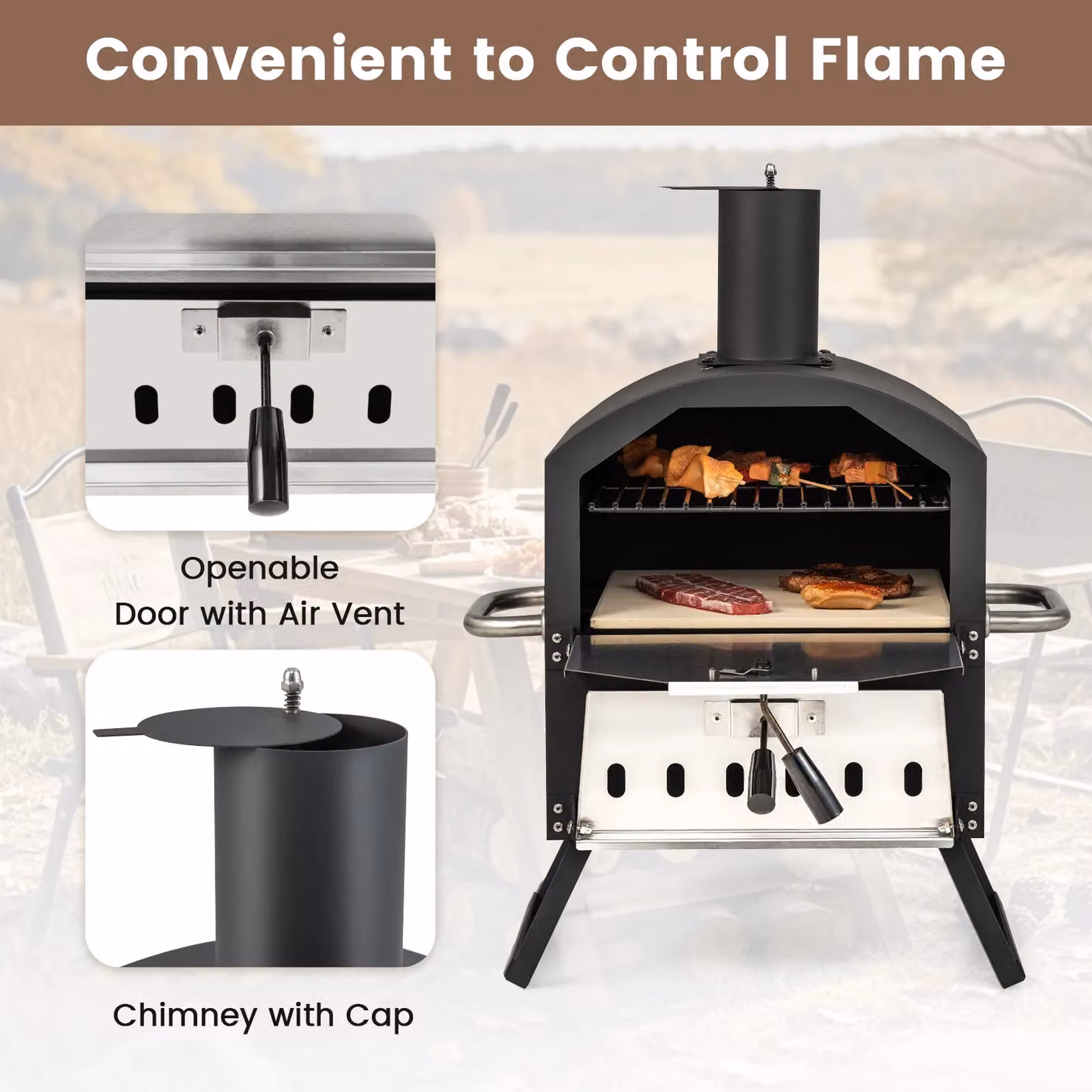 Costway 2-Layer Wood Fired Outdoor Pizza Oven and BBQ Grill with Stainless Steel, Black, W/D/H: 72.0 x 54.0 x 44.0 cm – 9