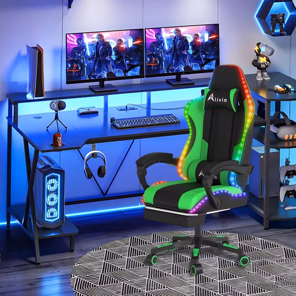 Alivio Wireless RGB LED Gaming Chair in Green with PU Leather and App Control – 3