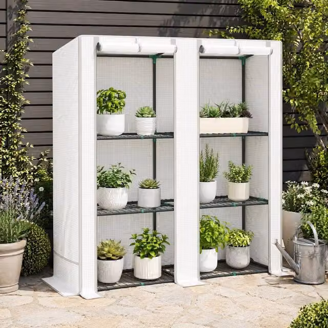 STILVORA 3 Tier Mini Greenhouse with Roll-Up Doors in White, H: 152 cm, W: 144 cm, D: 48 cm – 1