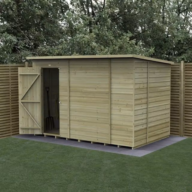 Forest Garden Shiplap Pent Shed in Green and Brown with Single Door, W: 304.8 cm, D: 182.88 cm