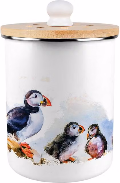 Purely Home Seaside Puffins Metal Food Waste Caddy with Flip Lid, 2L, White