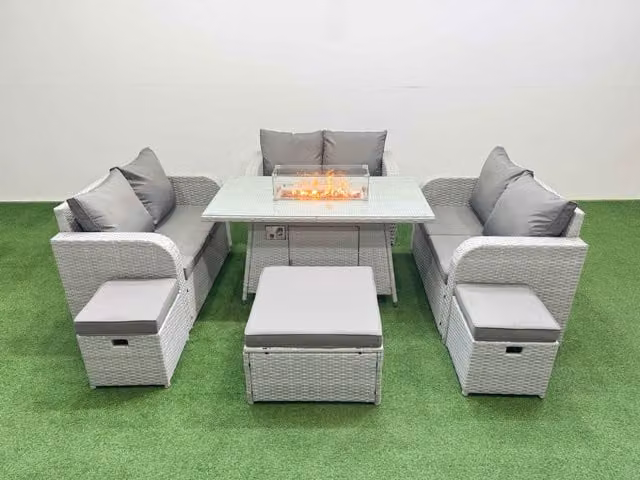 Fimous 9 Seater PE Wicker Rattan Garden Furniture Set in Light Grey with Firepit Dining Table, 2 Seater Love Sofa and 3 Stools