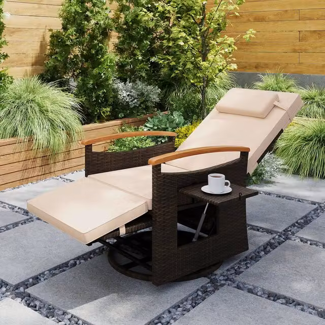 Costway Modern Outdoor Recliner Chair in Brown and Beige with Acacia Wood and Rattan