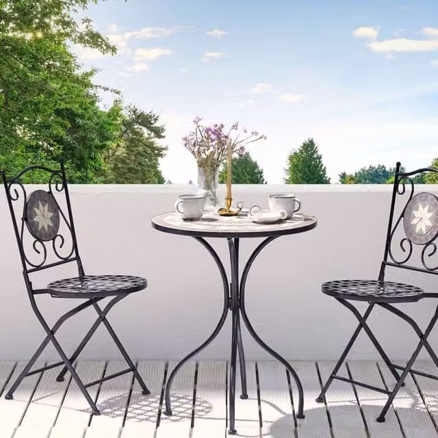 Wyld and Coco Vintage Outdoor Bistro Table with Black Iron Frame and Geometric Ceramic Mosaic Top – 1