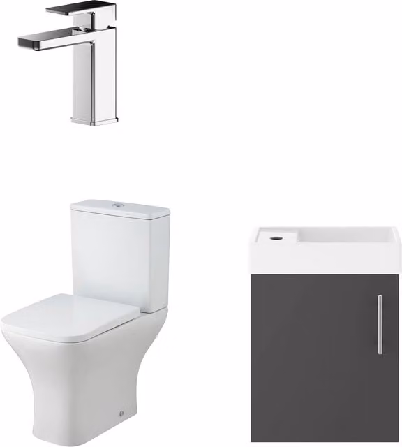 Balterley Wall Hung Vanity, Toilet, Cistern, Seat and Mini Tap Set in Gloss Grey and Chrome with Black Details