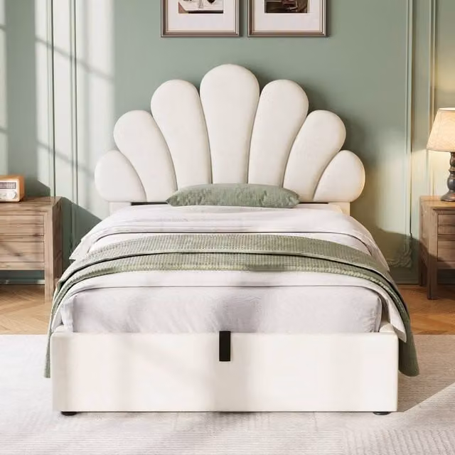 Merax 3ft Single Upholstered Velvet Bed Frame with Petal Headboard and Lift Up Base, Beige, W/D/H: 90 x 190 x 111 cm – 1