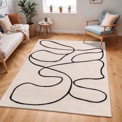 Livabliss Pisa Modern Abstract Rectangular Rug in White, Black and Beige, W/D/H: 80 x 150 x 0.6 cm