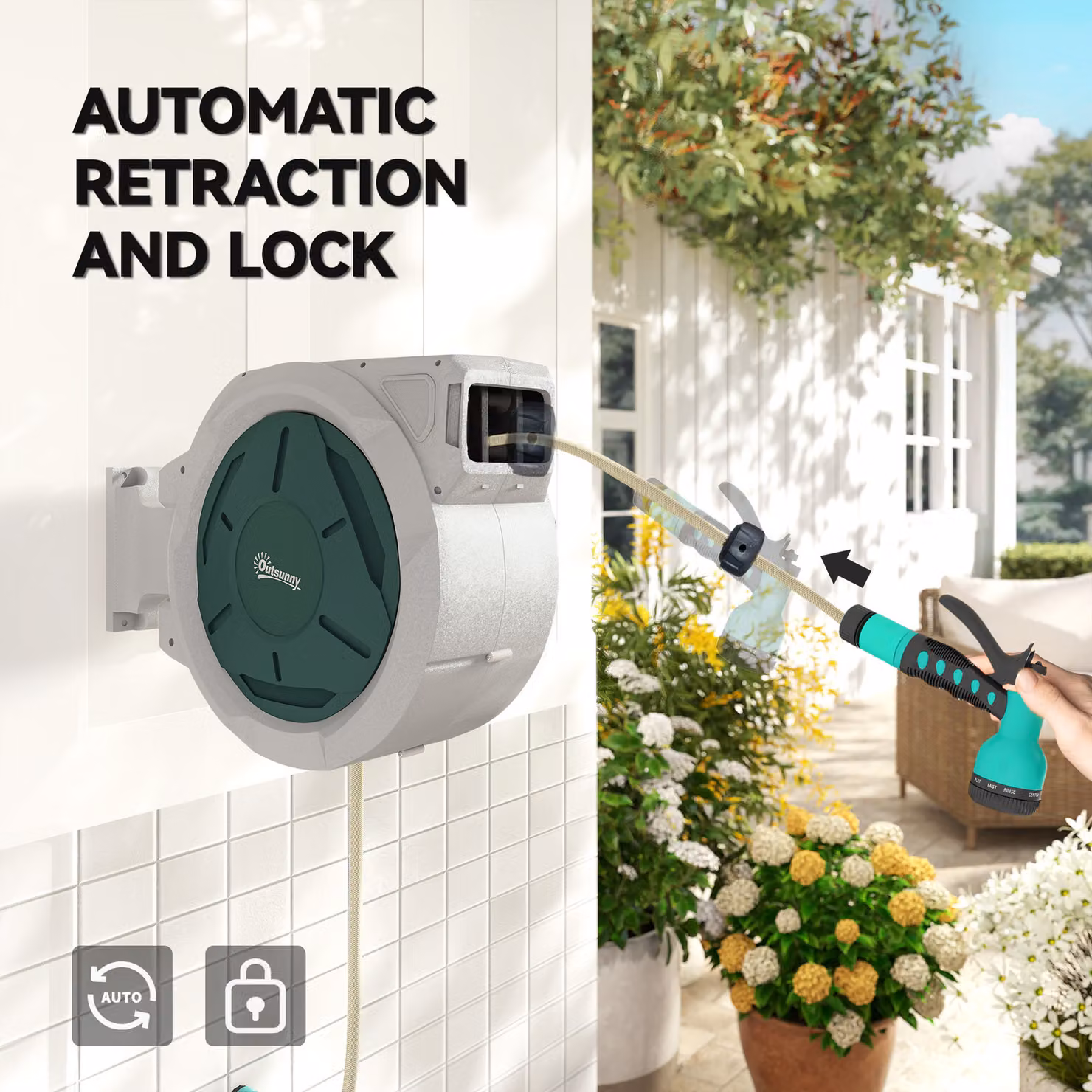 Outsunny Wall Mounted Retractable Garden Hose Reel with Auto Rewind and 7-in-1 Spray Nozzle, Grey – 5