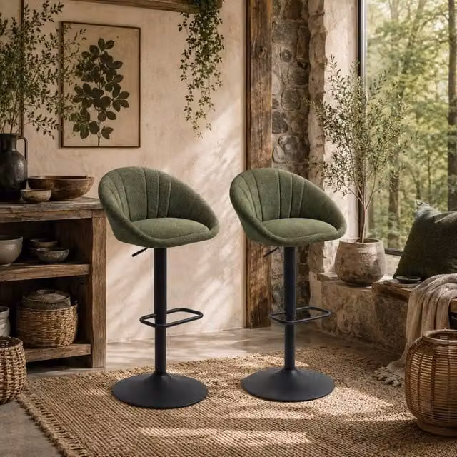 Wyld Haus Spetti Set of 2 Dark Green Fabric Tub Bar Stools with Adjustable Gas Lift and 360 Degree Swivel – 1