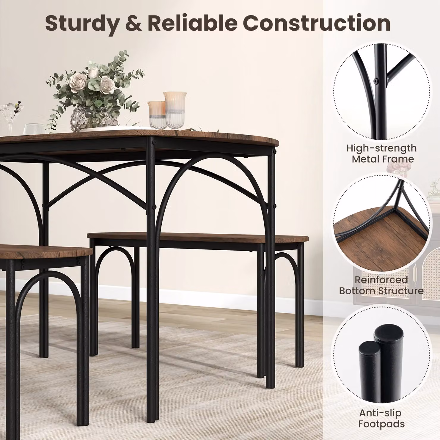 Costway 3 Piece Industrial Dining Table Set with Benches in Brown and Black, W: 120 cm, H: 76 cm – 4