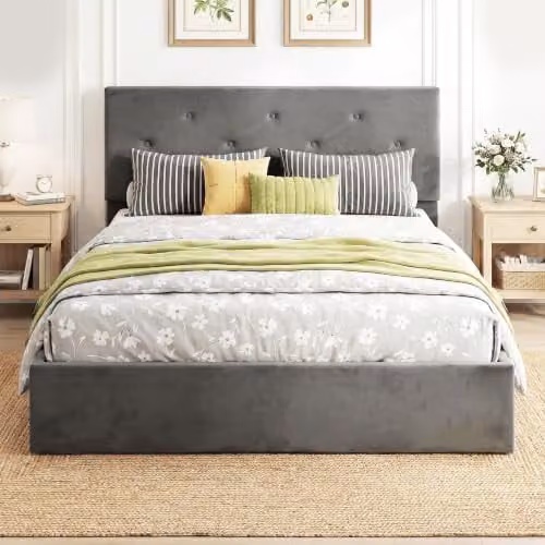 HOMCOM Modern Upholstered Double Bed Frame with Lift Up Base in Grey for 140 x 190 cm Mattress