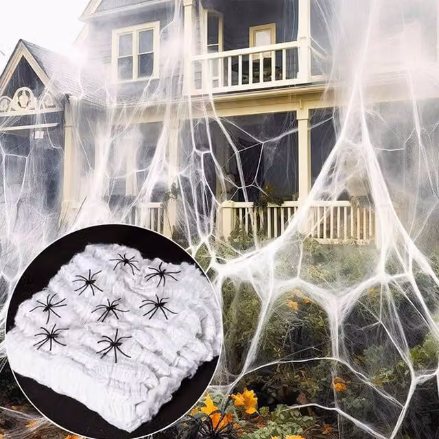 Lovii White Cotton Spider Web Halloween Decoration with 60 Fake Spiders – 1