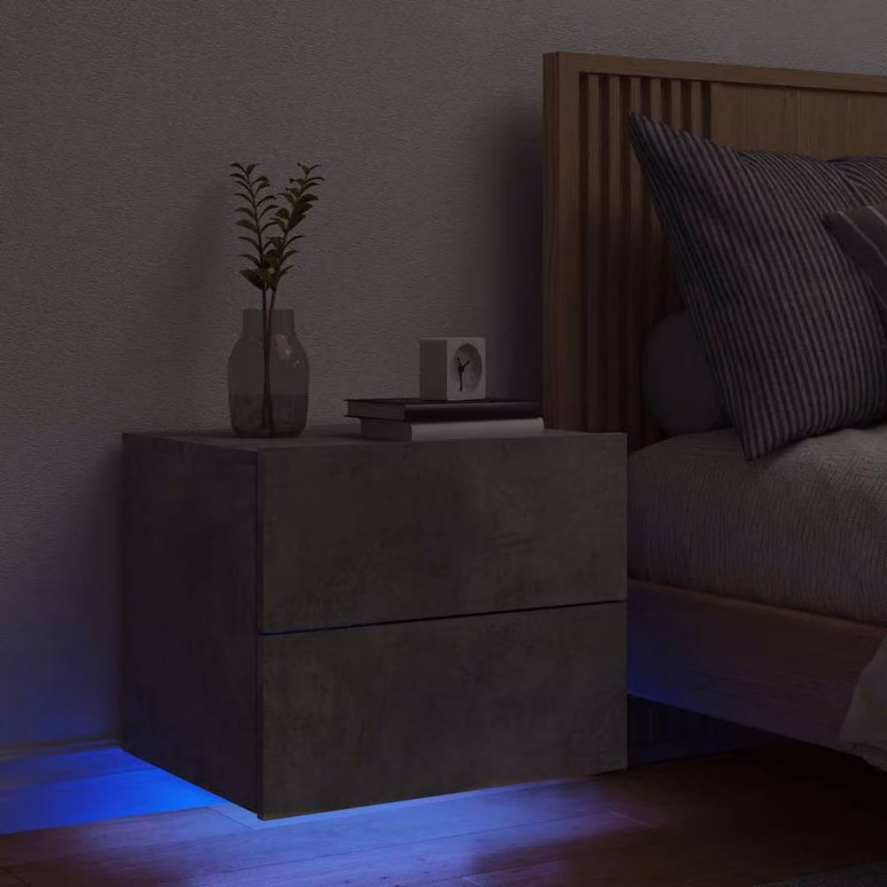 Berkfield Home Wall-mounted Bedside Cabinet with Integrated LED Lights, Grey, W: 50 cm, H: 39 cm, D: 41 cm – 2
