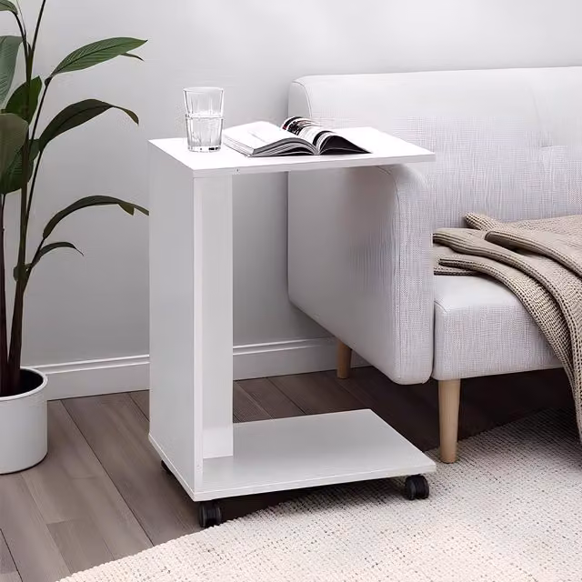 FWStyle Matt White Mobile Sofa End Laptop Table with Castors, W/D/H: 65 x 45 x 35 cm