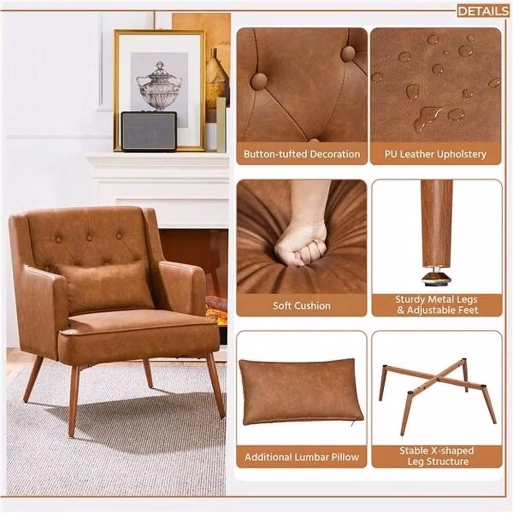 KORVIXA Brown Retro Tub Accent Chair with Armrests in Synthetic Leather and Bouclé, W/D/H: 64 x 72 x 79.5 cm – 3
